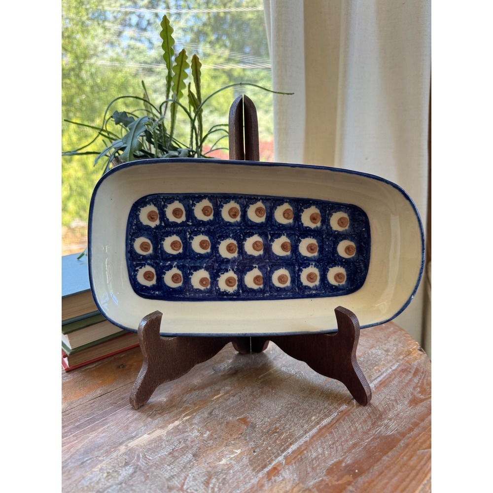 Vintage Polish Mid Century Studio Pottery Tray Cobalt Blue Eye Motif Pomegranate